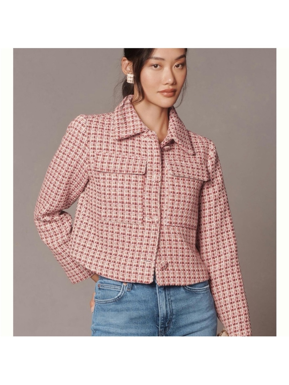 Maeve by Anthropologie Pink Tweed Cropped Jacket